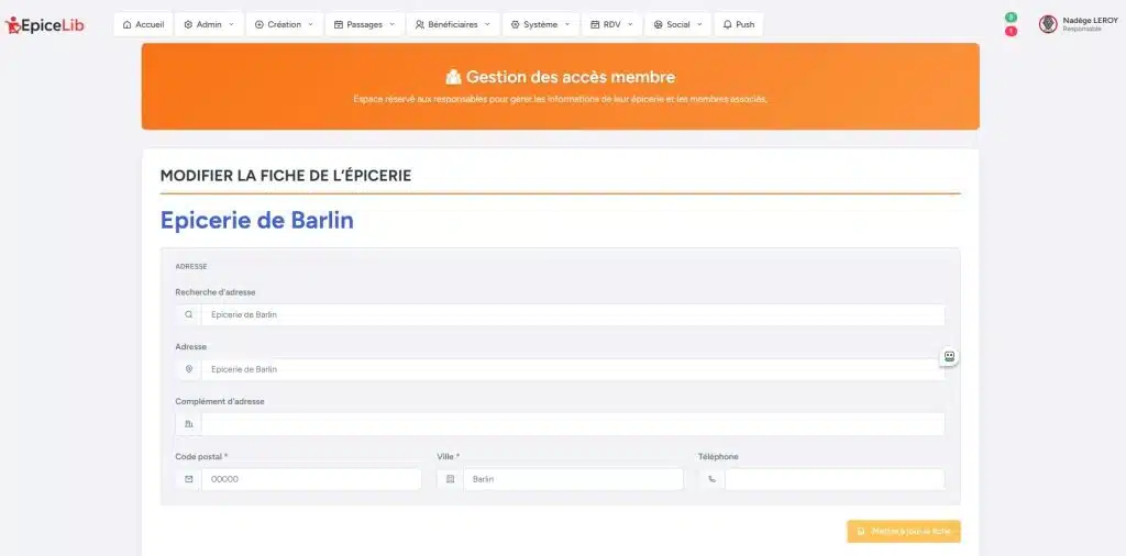 Page Gestion de l’épicerie / Gestion des accès membres – Paramétrage et habilitations administration de l'épicerie