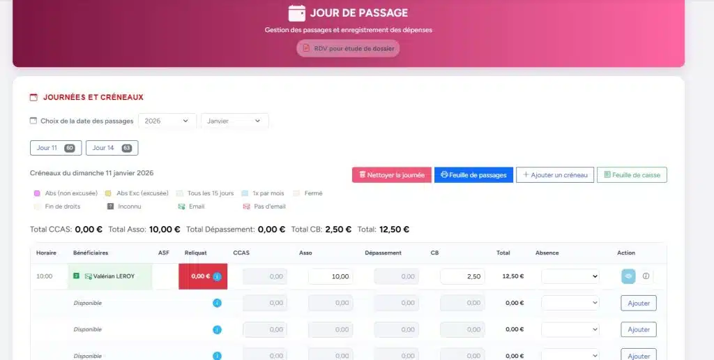 Page Jour de passage – Gestion des passages et enregistrement des dépenses jour de passage