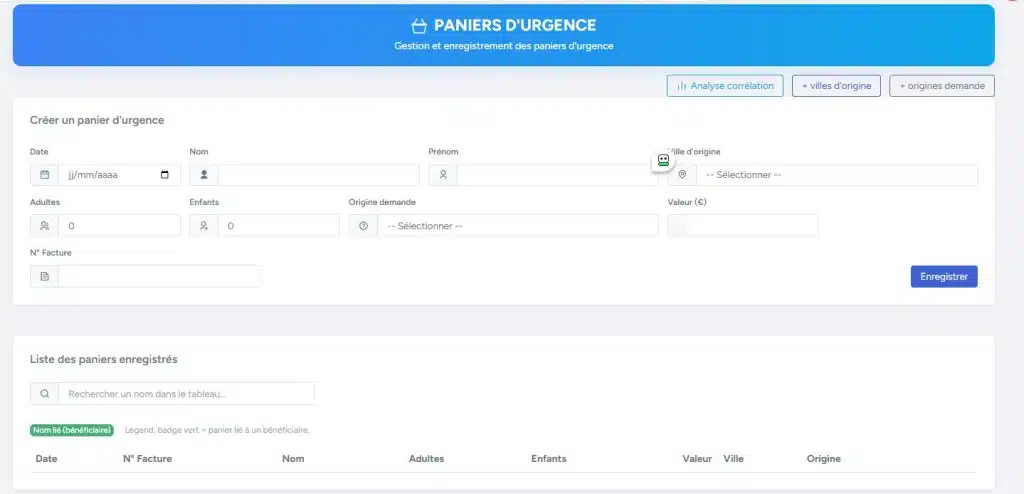 Module Paniers d’urgence – Gestion, suivi et analyse des aides exceptionnelles panier d'urgence