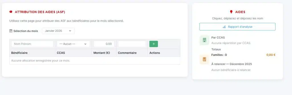 Page Attribution des ASF – Gestion des aides sociales facultatives asf