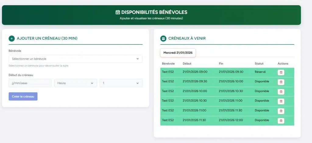 Disponibilités des bénévoles dispo