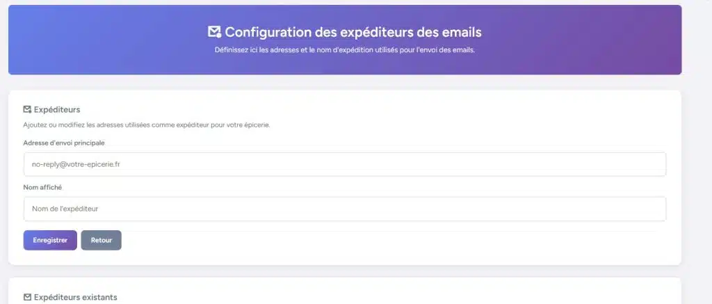 Page Configuration des expéditeurs des e-mails – Paramétrage des adresses d’envoi expéditeur