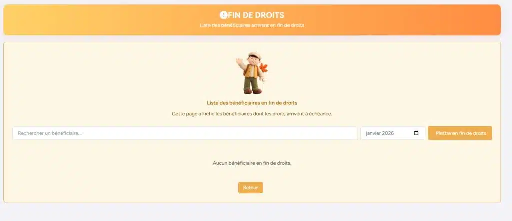 Page Fin de droits – Suivi des bénéficiaires arrivant à échéance ASF fin de droits