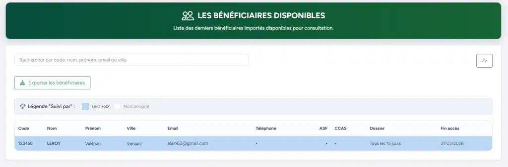 Page Bénéficiaires disponibles – Consultation et gestion des dossiers bénéficiaires gestion