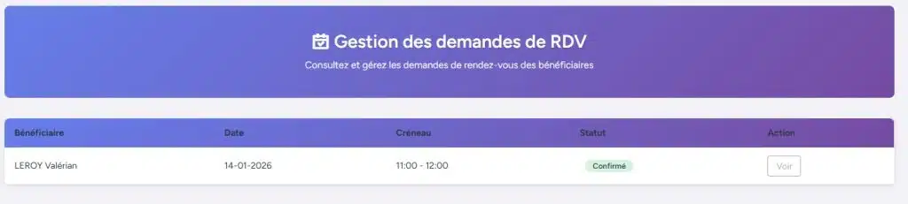 Page Gestion des demandes de rendez-vous – Validation et pilotage des RDV gestion des demandes
