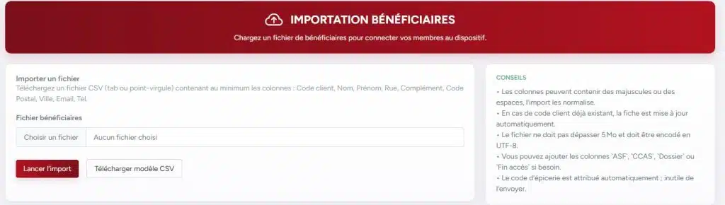 Page Importation des bénéficiaires – Intégration rapide des données import