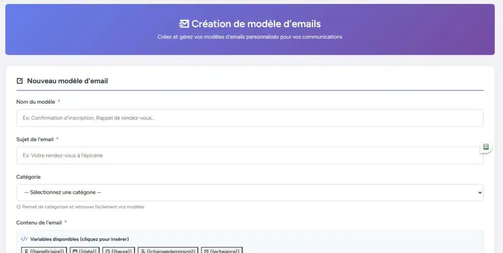Page Création de modèles d’e-mails – Gestion des communications types modeles emails