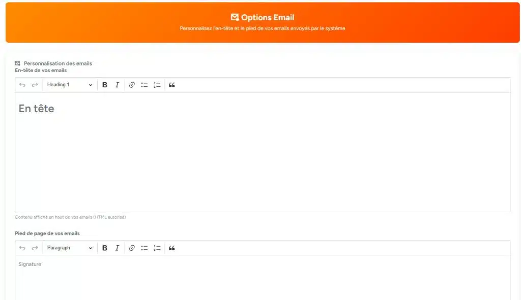 Page Options e-mail – Personnalisation des messages automatiques options email