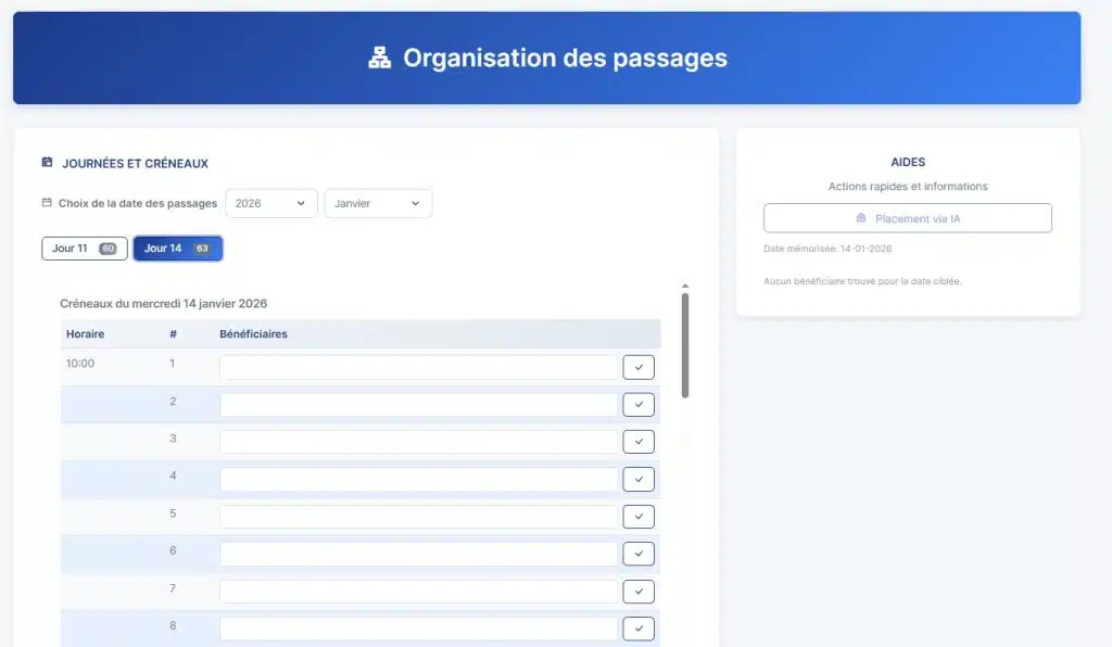 Page Organisation des passages – Planification et affectation des bénéficiaires organisation journée