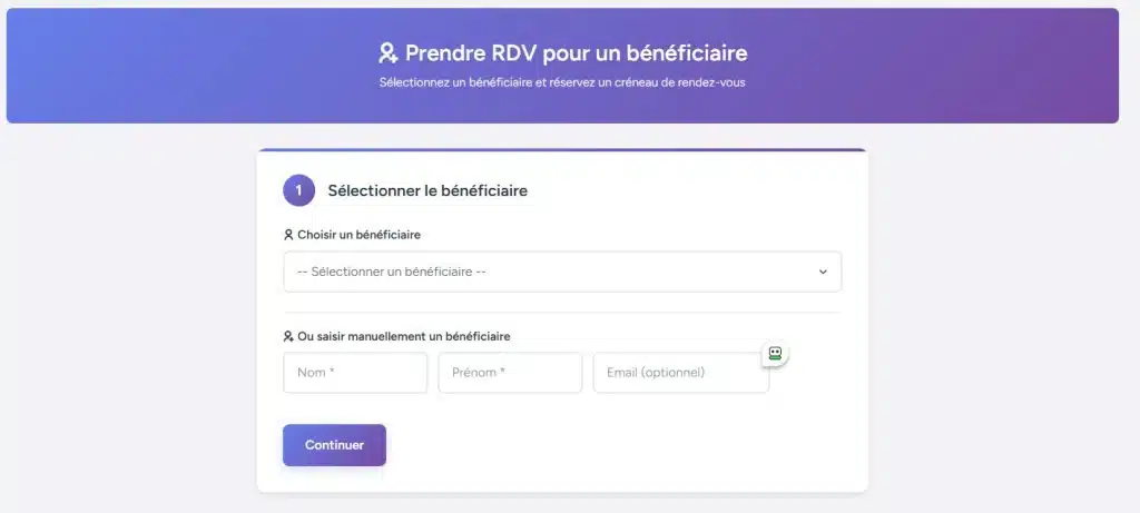 Page Prendre un rendez-vous pour un bénéficiaire – Réservation et validation des RDV prendre rdv